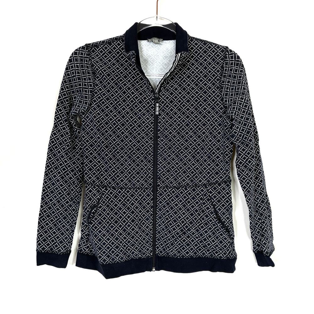 T by Talbots Navy White Geometric Full Zip Knit Jacket Cotton Spandex Womens S